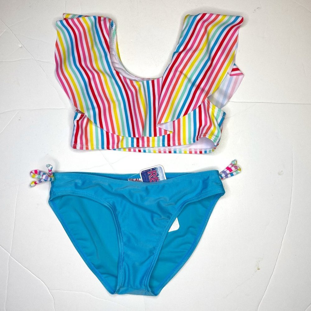 Real Love, NWT girl's two piece bikini with solid bottoms and striped ruffle top